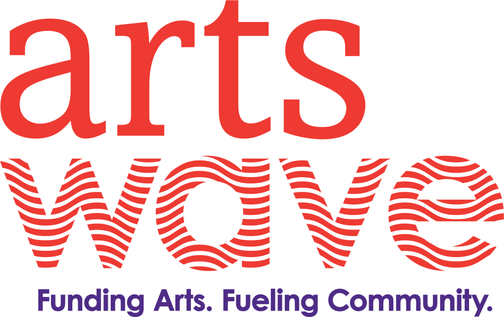 Artswave logo with large, solid, scarlet text spelling arts, and scarlet text with white waves spelling wave underneath. Beneath wave, smaller purple text writes funding arts. funding community