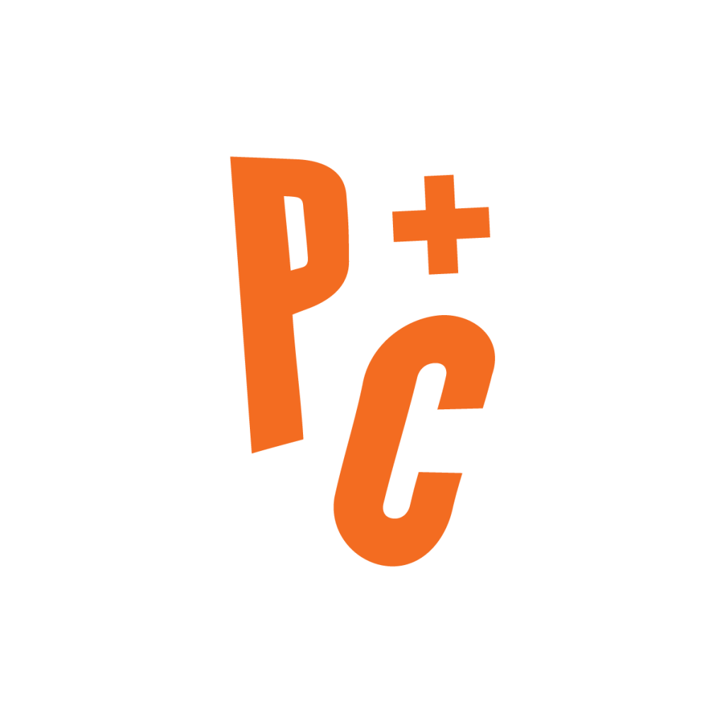 Productions and Collaborations logo, orange capital letters displaying P + C