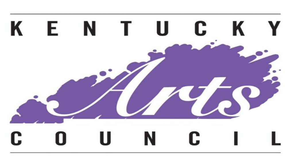 Kentucky Arts Council logo with black text spelling out kentucky at the top, white cursive text spelling out arts on a purple splatter resembling kentucky  in the middle, and black text spelling out council at the bottom